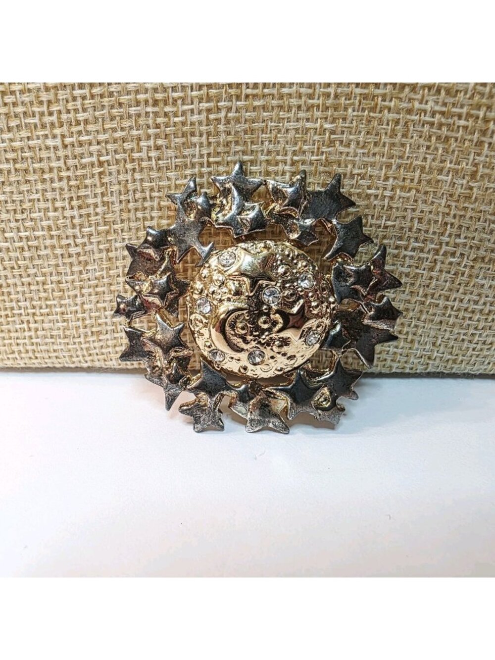 Vtg Sun Moon Celestial Rhinestone Accents Brooch Pin Silver and Gold Tone